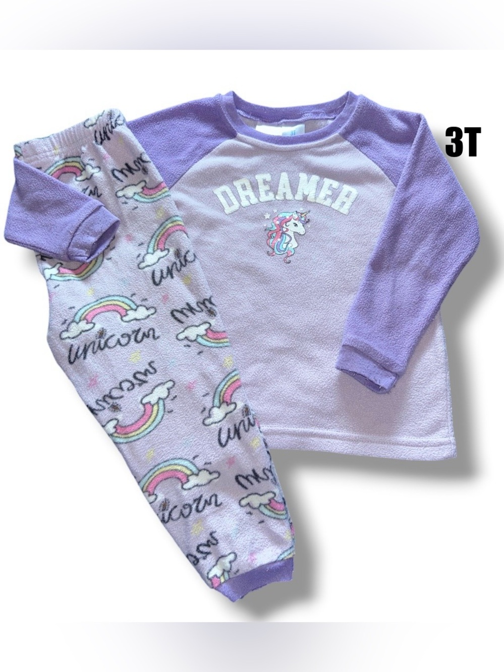Girls Lavender Unicorn 'Dreamer' Fleece Pajama Set size 3T.